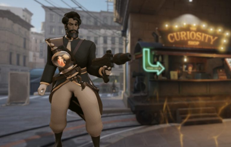 A man wearing a trench coat wielding a gun next to a wooden curiosities vendor in Deadlock