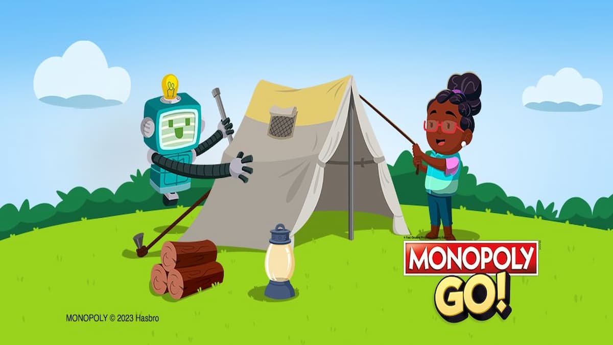 Woman with bladk hair and red glasses putting up camping tent with Peg-E in Monopoly GO