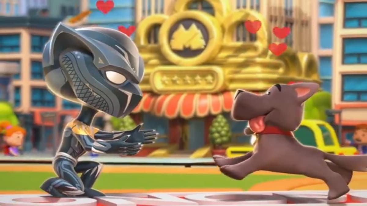 Black Panther from Marvel and Scottie from Monopoly GO joining for a hug on Monpoly GO board