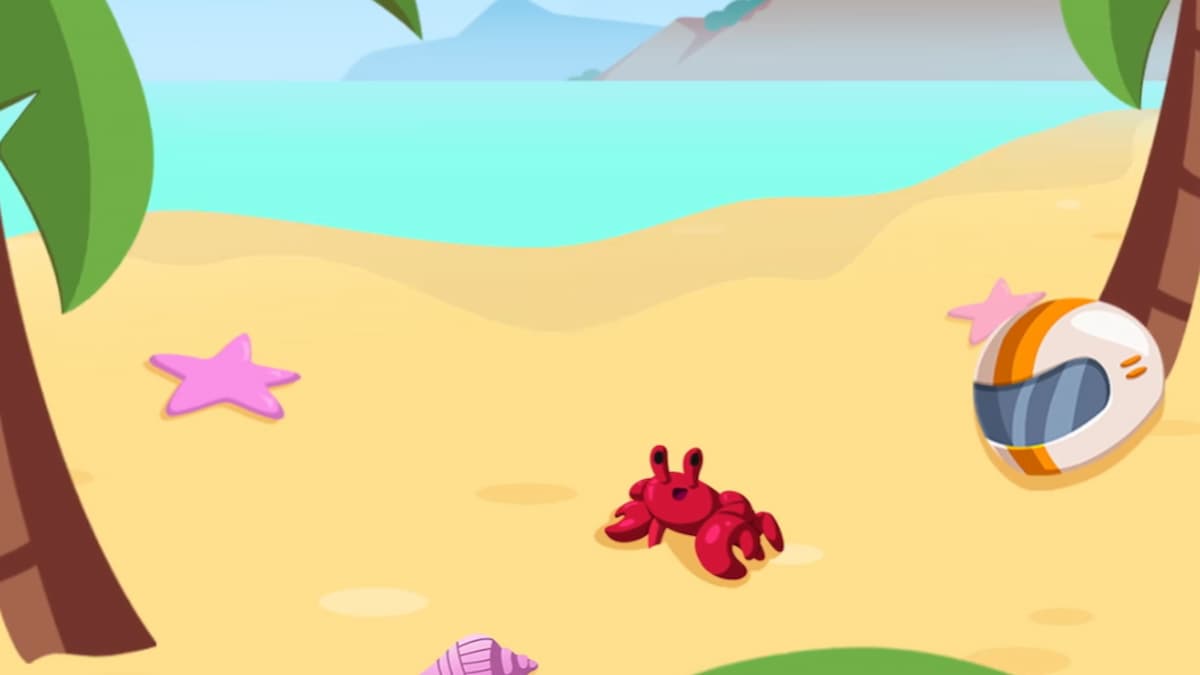 Red Crab on beach in Monopoly GO with pink starfish and green palm trees