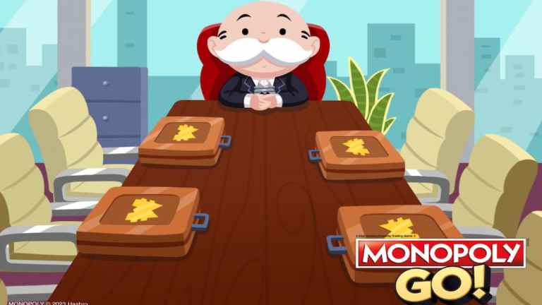 Mr. M sitting at boardroom table in skyscraper with M briefcases in gold and brown through Monopoly GO