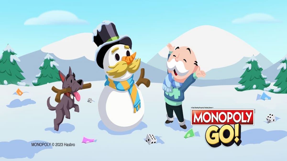 Mr. M and dog Scottie making a snowman with top hat and yellow mustache in Monopoly GO