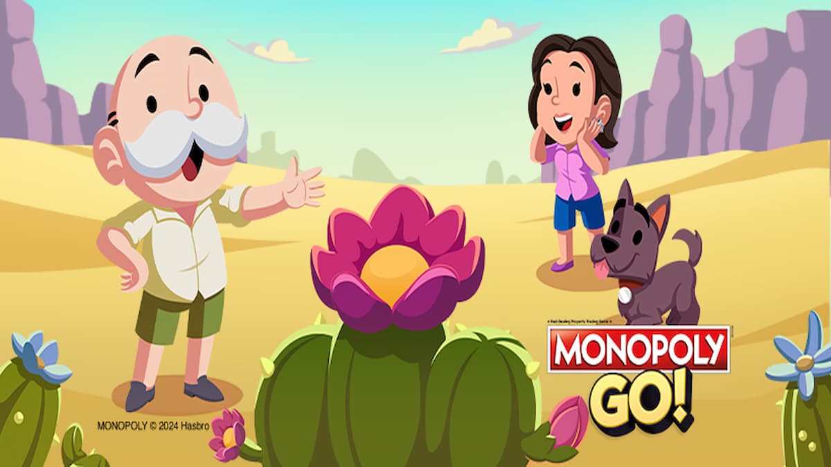 Mr. M in white shirt and green shorts and Ms. M in pink shirt and blue shorts with Scottie dog in desert admiring cactus pink and yellow flower through Monopoly GO