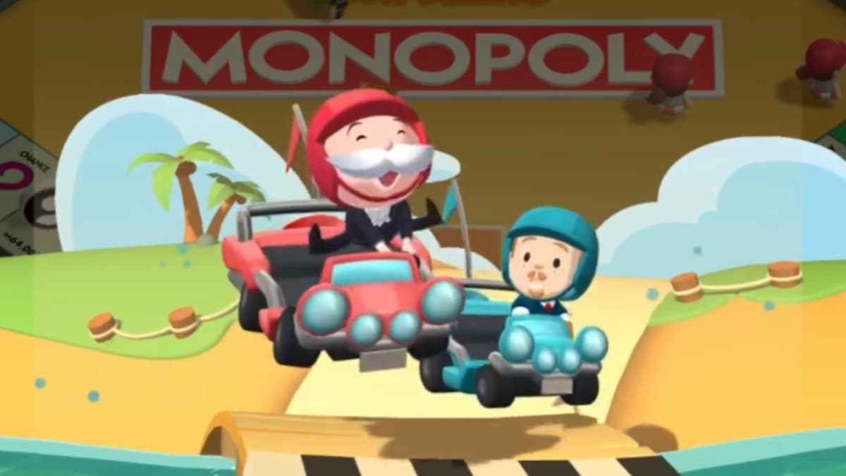 Mr. M wearing red helmet in red beach cruiser passing blue helmet driver in blue car in Monopoly GO