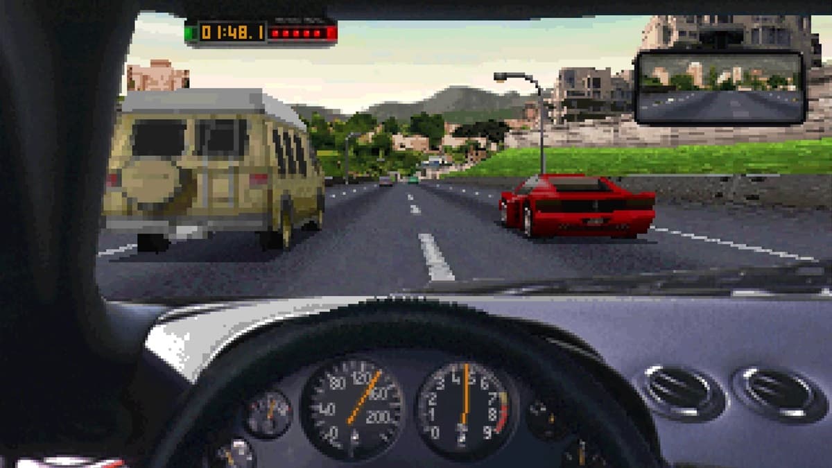 A road with a van and a sports car seen from the perspective of a driver in their car