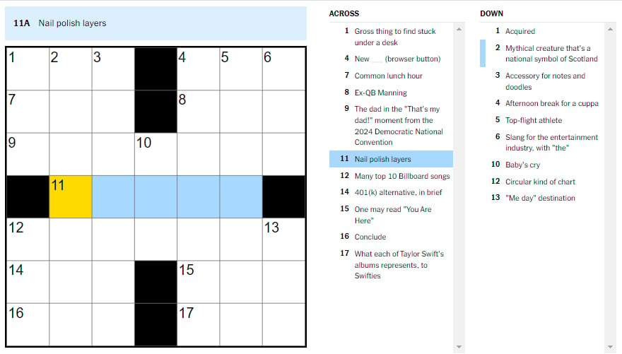 Picture showing the Nail polish layers clue in NYT Mini Crossword.