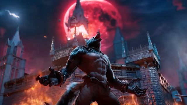 A werewolf howls at the sky while standing in front of gothic castle illuminated by a red moon. Promotional trailer image for PUBG Mobile update 3.4