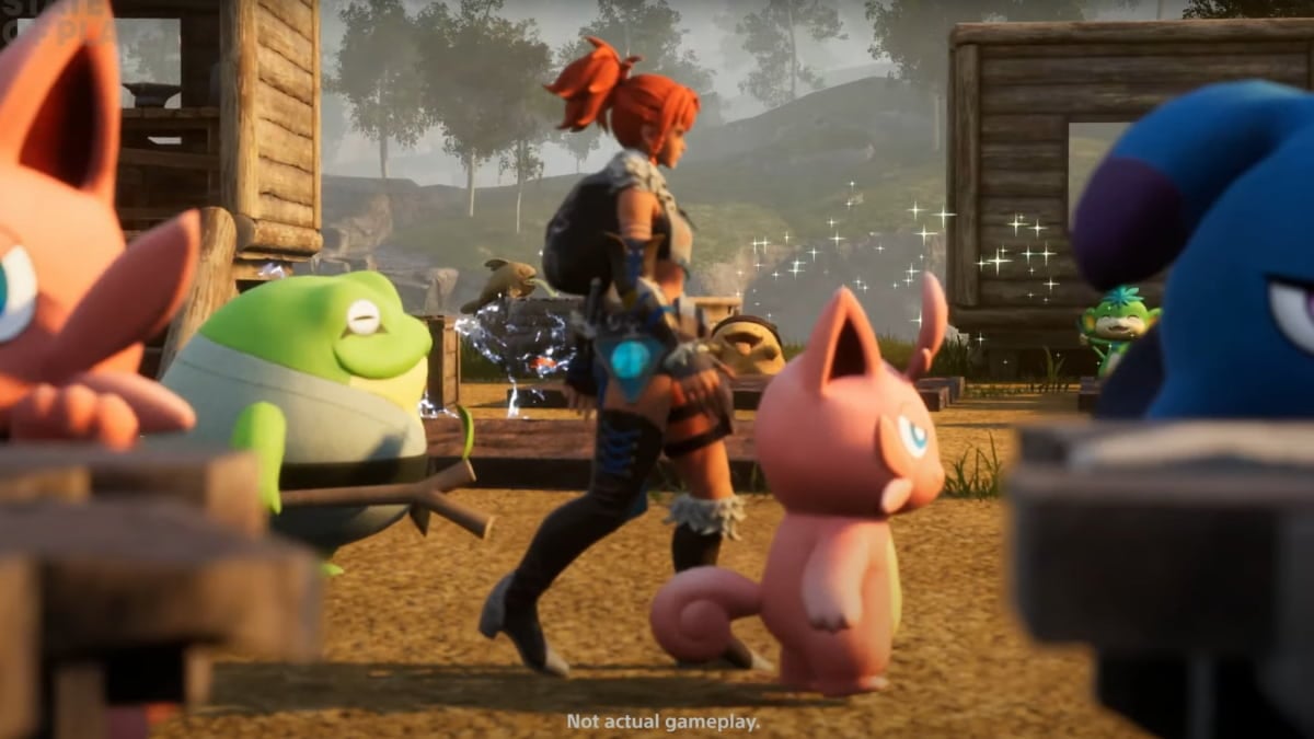 An image of the playable character walking with her Pals in Palworld.