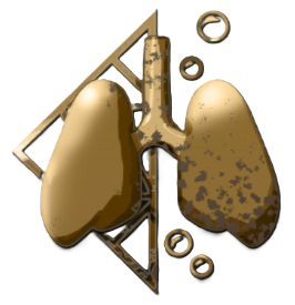 A golden pair of lungs with bubbles across a triangular background. This is the Plagued Breath Mask Line in Enotria: The Last Song