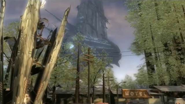 An establishing shot of Resistance 2 city with alien mothership overhead