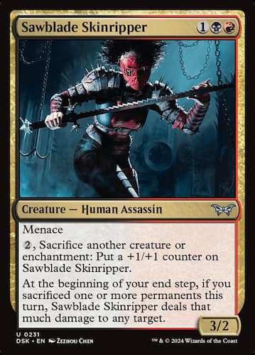 Woman with red mask and black curly hair wearing spike armor and weilding a spike club in Duskmourn MTG set