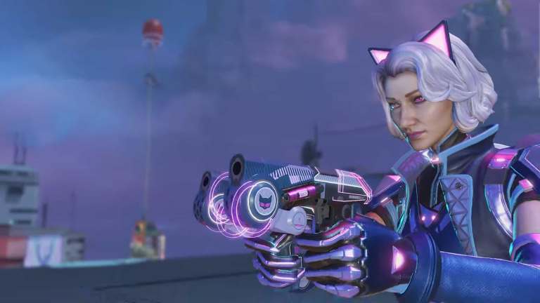 Horizon, wearing cat ears and a purple jacket, wields dual pistols with a small cat icon on their barrel