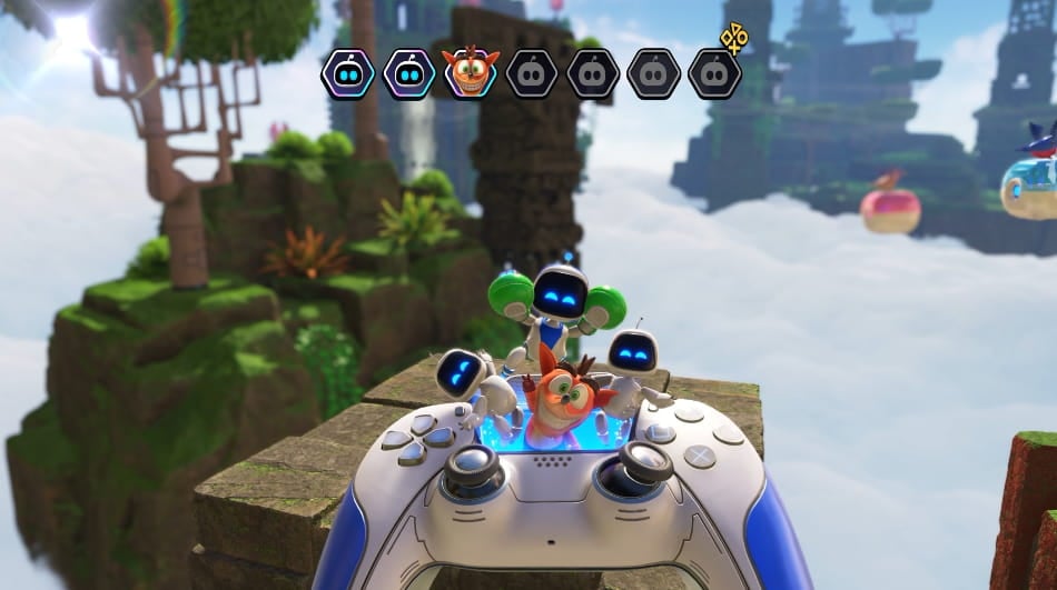 Crash Bandicoot as a bot coming out of a PS5 controller on screen