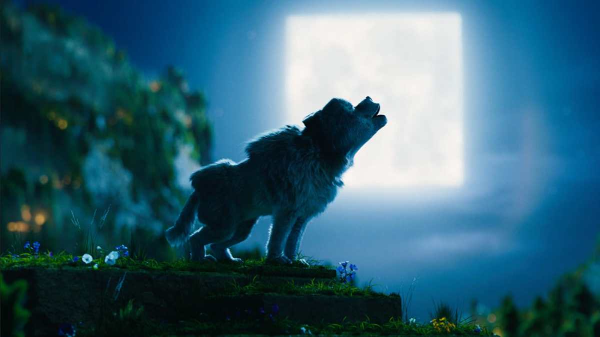 A wolf made of cubes howls at the full moon in A Minecraft Movie