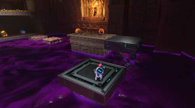 astro is waving at the player as he stands on a platform in the middle of a poison lake