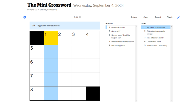 Blank NYT crossword with five down highlighted