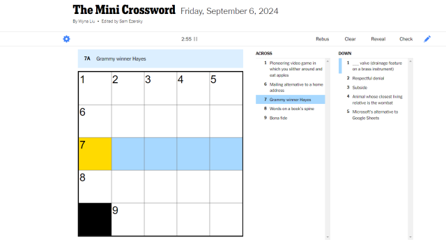 NYT Mini with five across highlighted