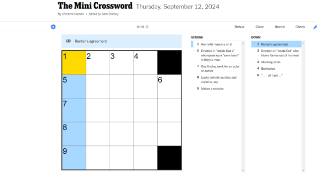 NYT Mini crossword with five down spaces highlighted