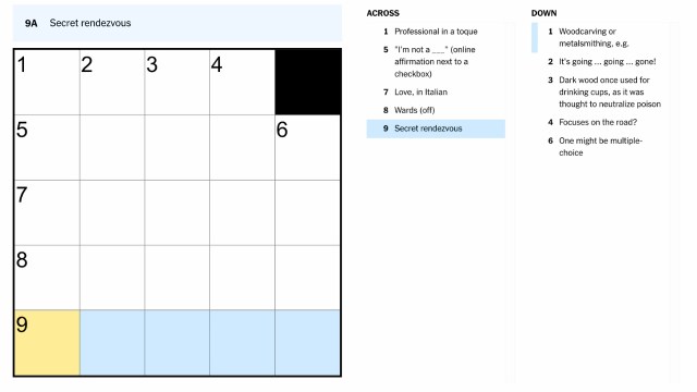 the clue, secret rendezvous, highlighted in blue and yellow from the nyt mini crossword puzzle.