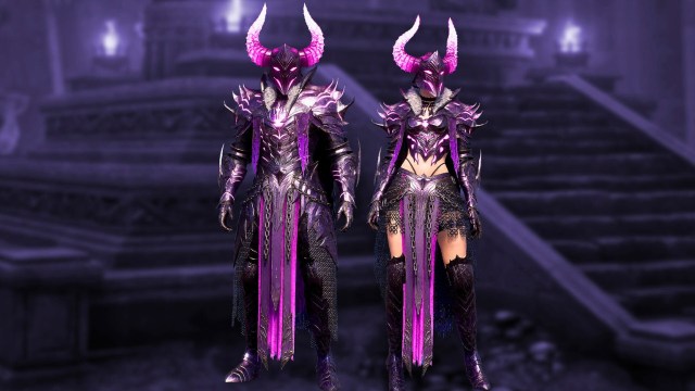 Characters wearing purple shadow knight outfits from the ea packs throne and liberty