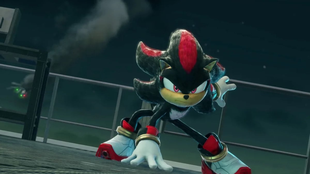 Movie Shadow landing in a rooftop in the Sonic x Shadow Generations DLC