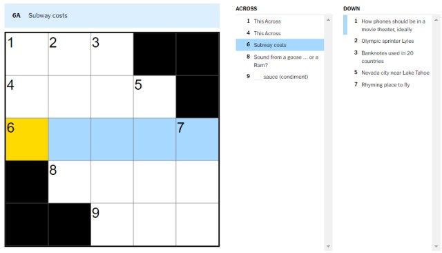 Picture showing the Subway costs clue cover in NYT Mini Crossword.