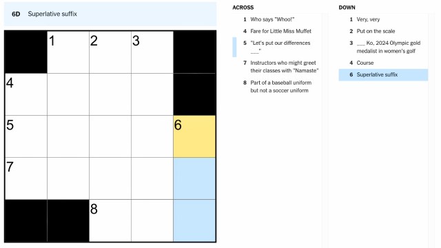 A crossword puzzle with the clue superlative suffix highlighted in blue and yellow on the nyt mini crossword puzzle