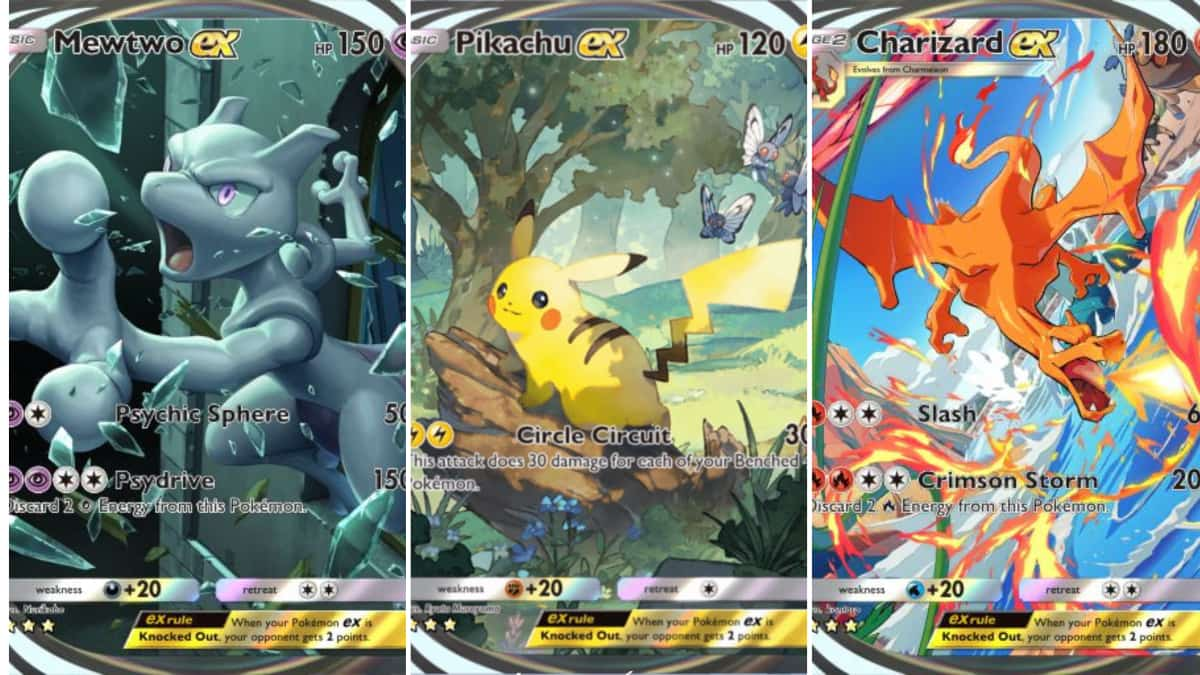 Immersive art cards for Mewtwo, Pikachu, and Charizard in TCG Pocket