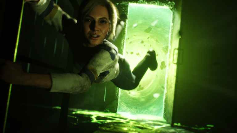 A woman holding onto something as a green door portal tries to suck her in