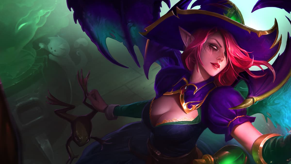 Morgana in gold and purple witch hat holding a frog in purple and green dress through TFT Set 12