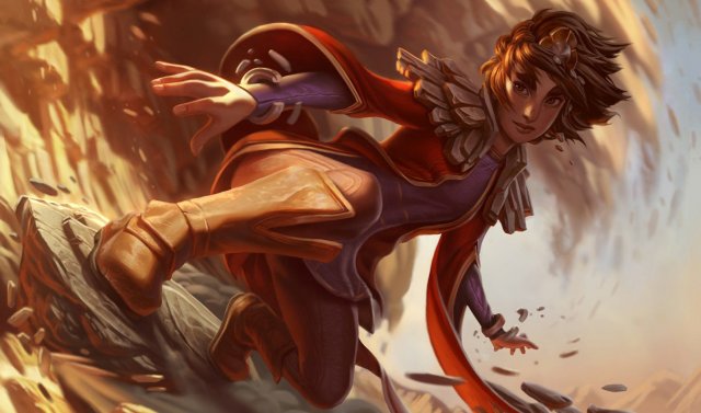 The poster for Taliyah in League of Legends showing a girl riding a massive rock with a wave of stones swept up behind her. She wears a red coat, blue shirt, and brown boots.