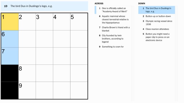 the clue, bird duo in duolingos logo, highlighted in blue and yellow from the nyt mini crossword puzzle