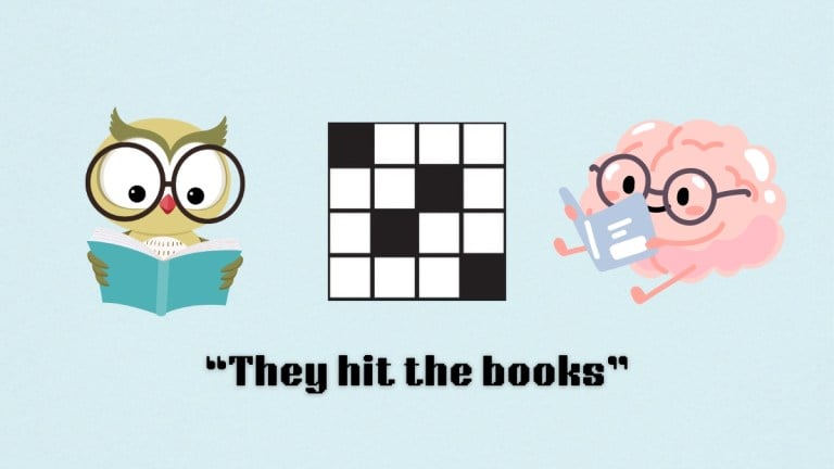 A cartoon owl and brain reading books above the clue, they hit the books, from the nyt mini crossword puzzle