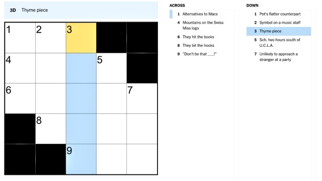 The clue, thyme piece, highlighted in blue and yellow on the NYT mini crossword puzzle