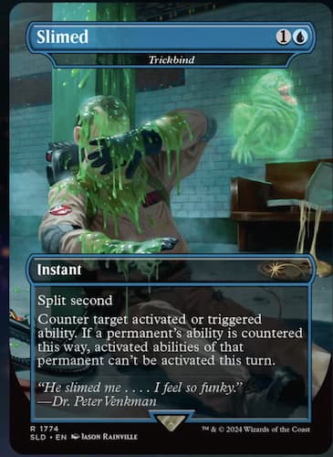 Slimer dumping slime on Bill Murrey look-a-like in Ghostbuster uniform with brick building in background through MTG Secret Lair Slimer drops