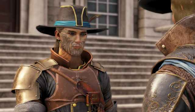 Vasco, a man with a heavily tattooed face, in GreedFall