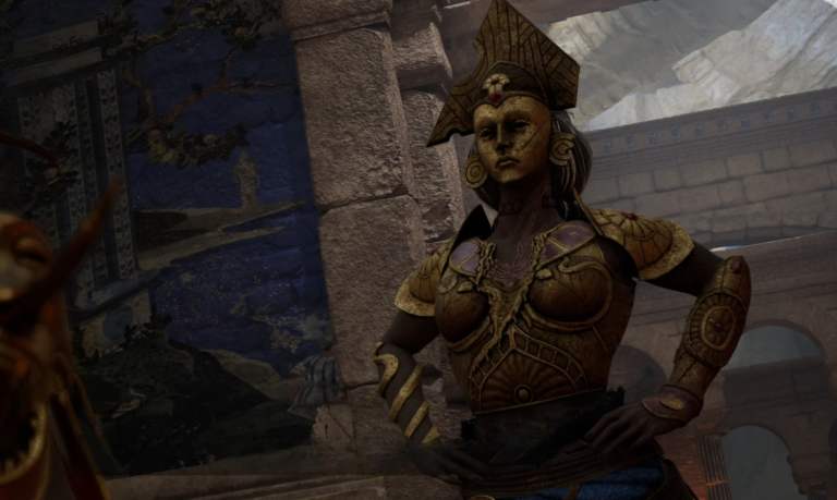 Veltha, a goddess from Enotria: The Last Song, wears a stone mask and chest armor with her hands on her hips.