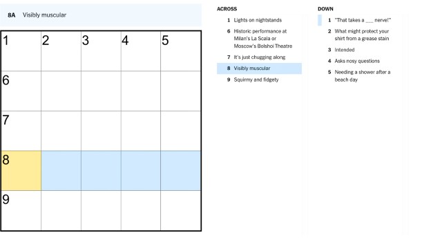 The clue, visibly muscular, highlighted in blue and yellow on the NYT mini crossword puzzle