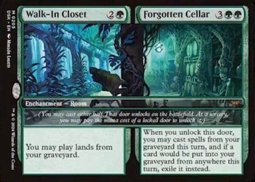 Two rooms in a haunted house with vines and green magic on them in Duskmourn MTG set