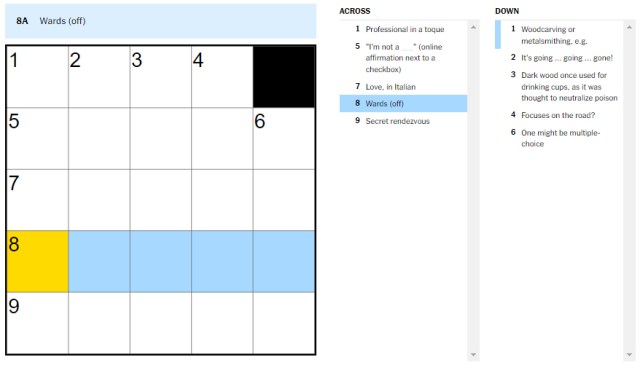 Picture showing the Wards (off) clue in NYT Mini Crossword.