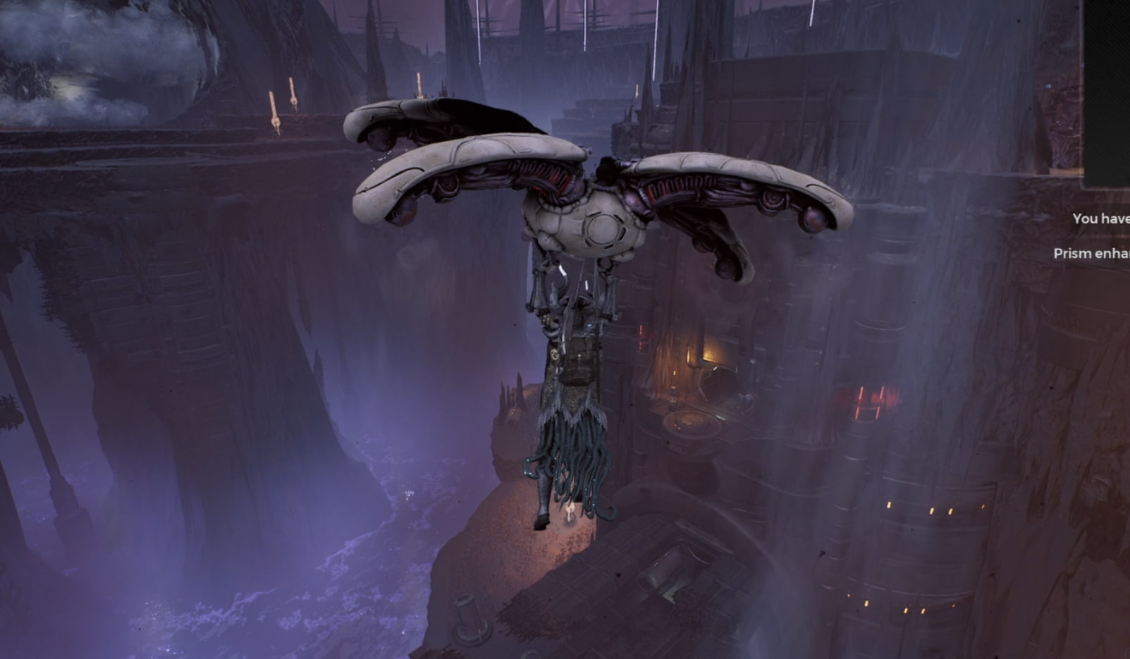 The main character from Remnant 2 holds onto a glider drone, facing a room with a small orange glow above a bridge. This shows readers exactly where to go to find the Nanoplated armor