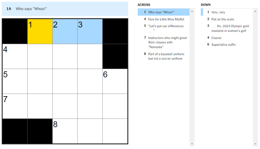 Picture showing the who says Whoo clue in NYT Mini Crossword.