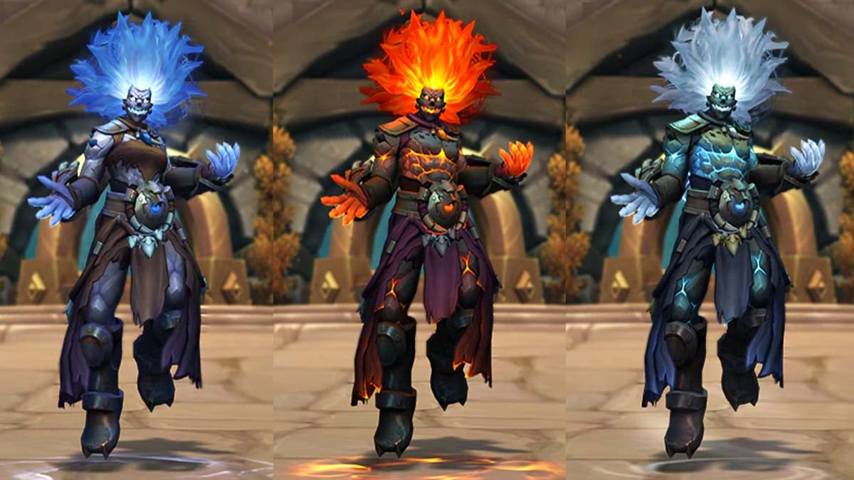 New WoW Shaman Ascendance forms side-by-side, showing Lightning, Fire, and Frost forms.