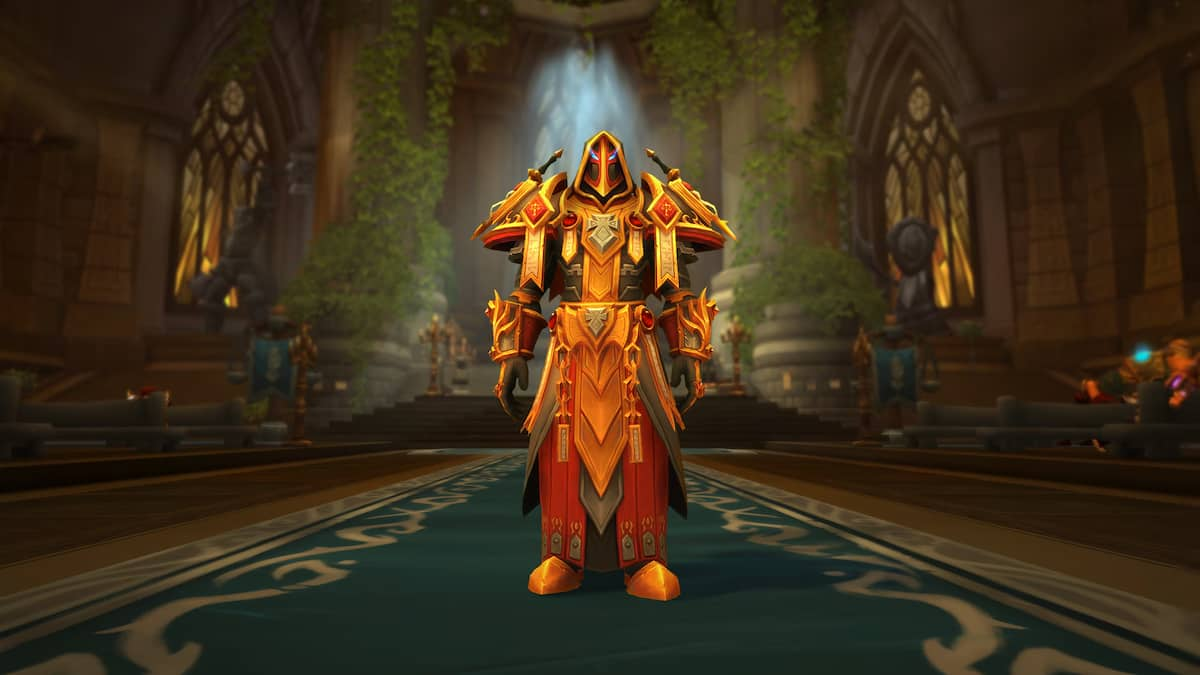 Paladin Tier 2 armor in gold and red armor with swords on back through WoW 20th anniversary event