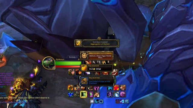 A giant blue stone demon dead with WoW loot screen showing some item and gold drops