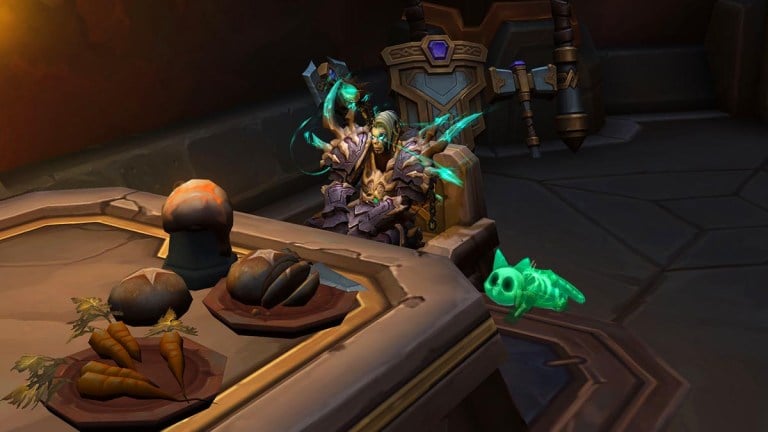 WoW Death Knight sitting at a dinner table with bread and carrots, with a slime cat next to her