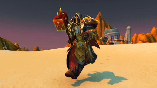 WoW Paladin in golden Tier 2 Judgement plate running in the desert