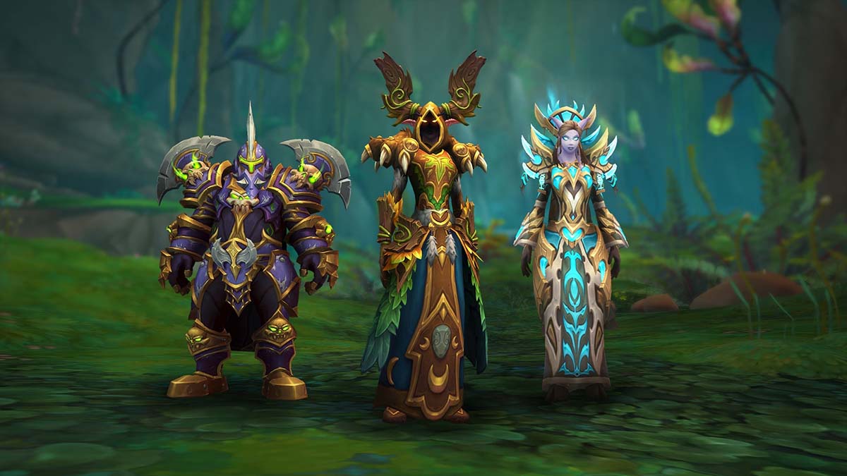 Three WoW characters standing next to each other, wearing tier 2 armor in the forest