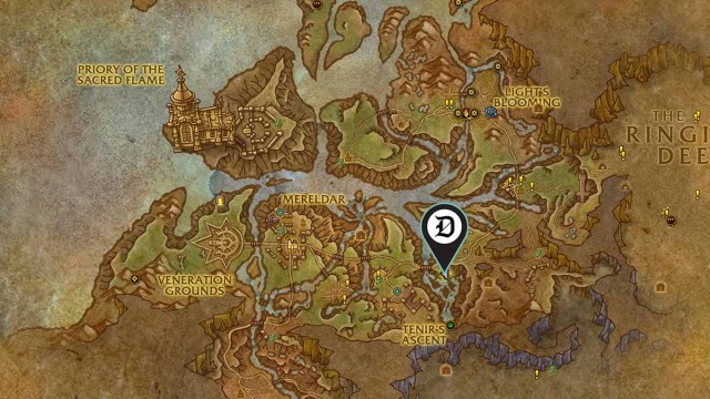 WoW Hallowfall map with Maera Ashyld's location pinned with a Dot Esports map marker