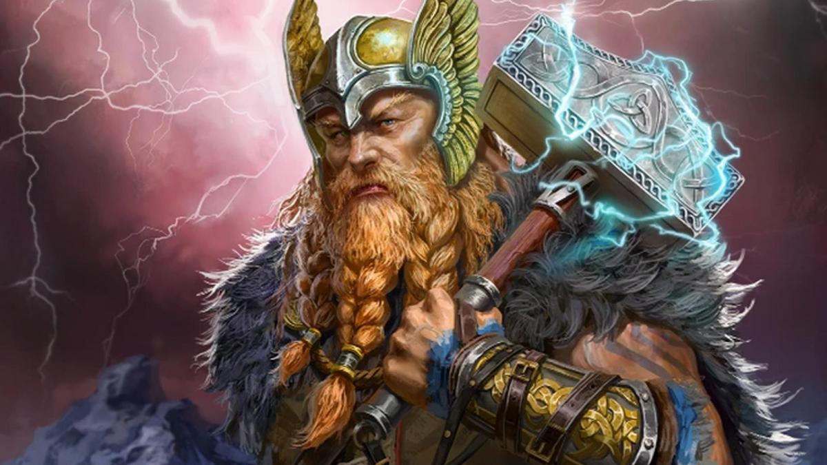 Thor's god artwork frame as it appears in Age of Mythology Retold. He's holding his lightning hammer over his shoulder and starring ahead.